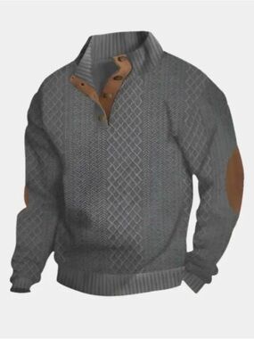 Men's Gray Cable Knit Classic High Collar Sweater with Brown Trim